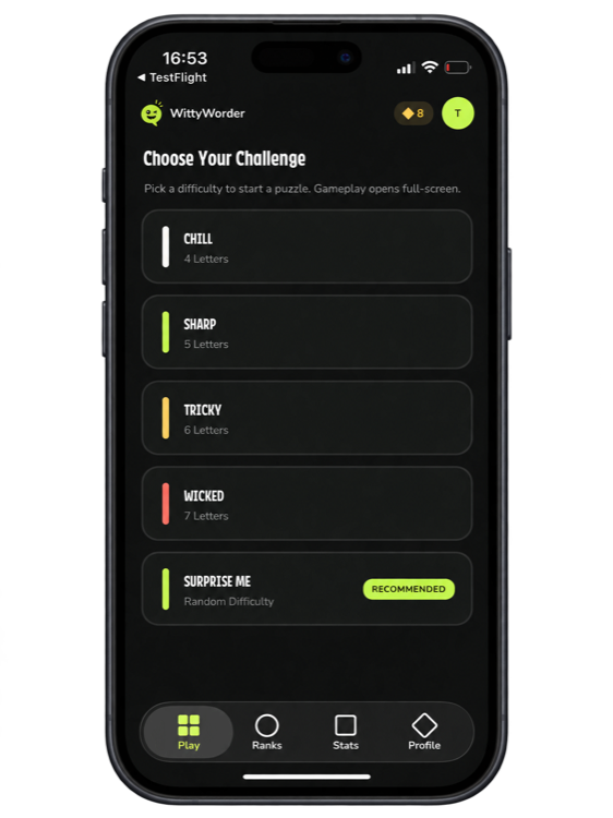 WittyWorder challenge picker with Chill, Sharp, Tricky, Wicked, and Surprise Me